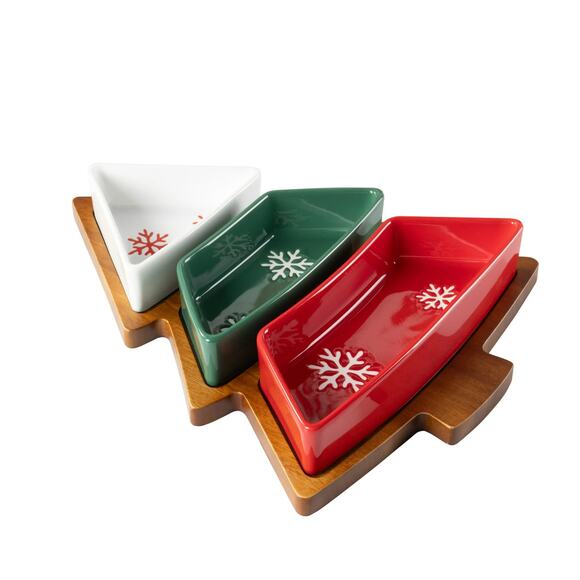 Acacia Wood 4 Pieces Christmas Tree Shaped Charcuterie Tray with Ceramic Bowls - Picture 3 of 13
